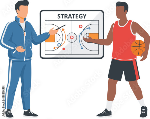 Basketball Coach Explaining Strategy to Player Illustration Featuring Game Tactics Board