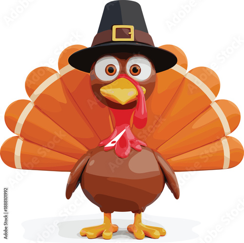 Funny cartoon vector illustration of a brown Thanksgiving turkey wearing a black pilgrim hat with orange feathers for holiday greeting and autumn celebration design