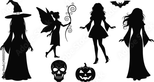 Halloween fantasy silhouette set with witch, fairy, gothic woman, skull, bat and pumpkin, spooky magic black white illustration collection