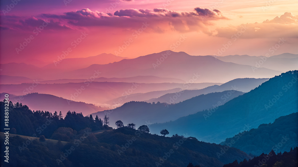 Fototapeta premium A serene mountain landscape with a vibrant sunset in the background