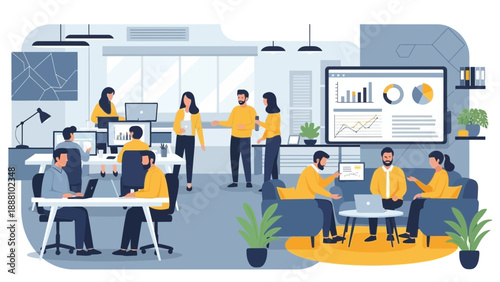 Professionals collaborating in modern office space with data analysis