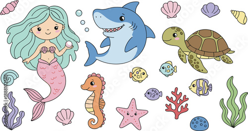 Cute Underwater Mermaid and Sea Animals Illustration Set in Colorful Cartoon Style