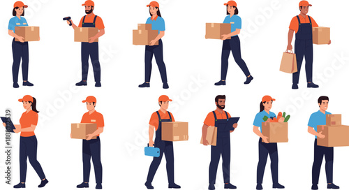 Delivery Workers and Courier Staff Illustration Set Featuring Parcel and Grocery Service