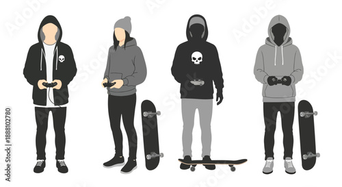 Four young gamers with skateboards standing and holding controllers