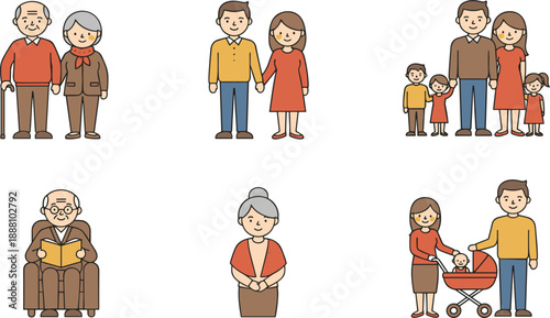 Family Life Stages Illustration Set Featuring Couples, Parents, Children and Grandparents