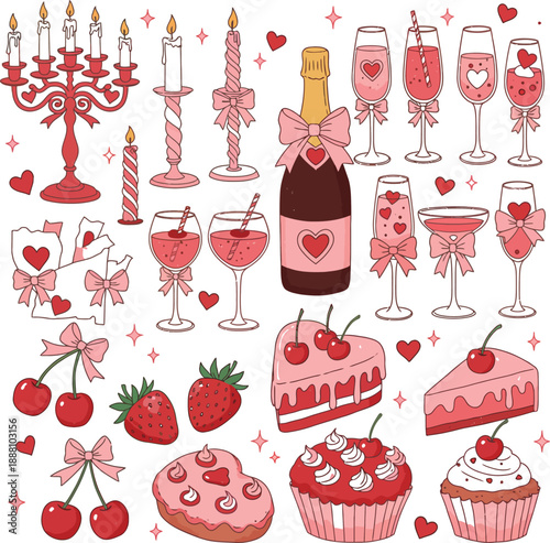 Vector illustration of a celebration set featuring red wine glasses, festive Christmas decorations, and holiday party icons like cakes and gifts in a vintage cartoon style