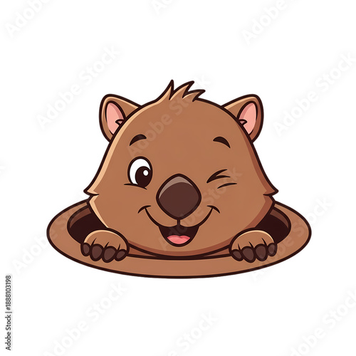A charming illustration of an adorable wombat peeking from its burrow, winking playfully, inviting viewers into its world.