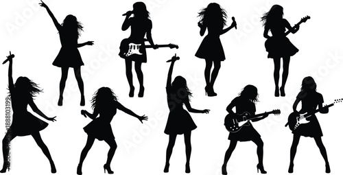 Female rock musician silhouette pose set with singer and guitarist performing on stage, energetic concert dance black white illustration