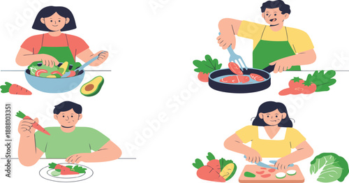 Diverse People Cooking Healthy Food – Vector Kitchen Scenes Collection