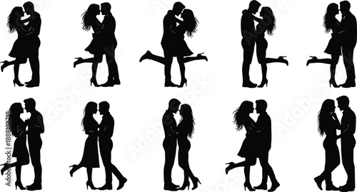 Romantic couple kissing silhouette pose set with lovers embracing, passionate relationship moments, love story black white illustration collection