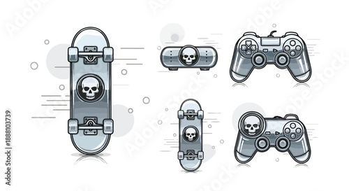 Gray gaming devices with skull symbols on white background
