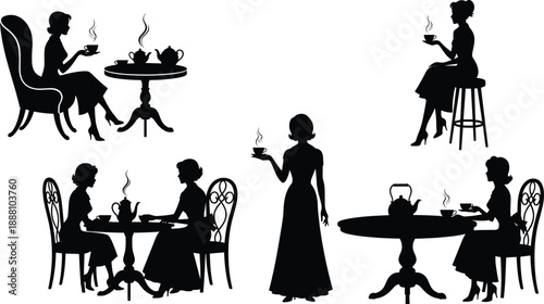 Vintage tea party women silhouette set with elegant ladies drinking tea, classic cafe scenes, Victorian style black white illustration collection