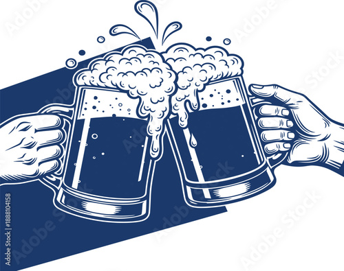 Two hands clinking beer mugs vector monochrome illustration