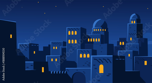Nighttime cityscape illustration with illuminated buildings and a starry sky