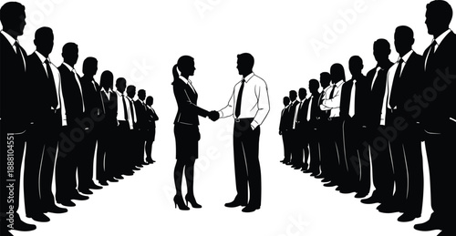 Business partnership silhouette showing man and woman shaking hands between corporate teams, isolated scene representing agreement, cooperation, leadership, negotiation, trust