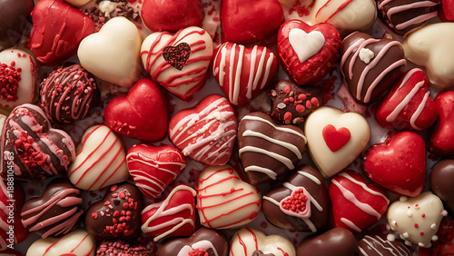 A delightful assortment of heart shaped chocolates in varying shades of red white and brown