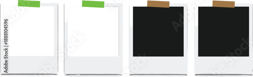 Vector illustration set of four blank instant photo frames with green and brown adhesive tape for memory scrapbooking photography and creative portfolio design