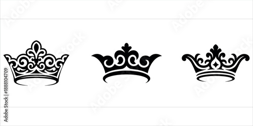 A collection of three majestic black royal crown silhouettes with ornate designs vector.
