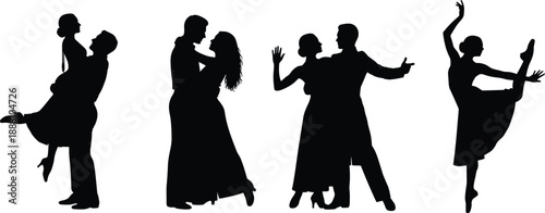 Dance couple silhouette collection showing ballroom partners performing elegant poses, isolated scene representing romance, passion, movement, choreography, love expression