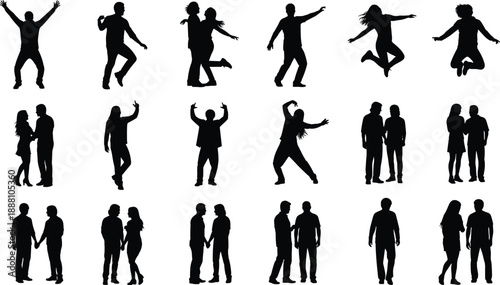 People silhouette collection showing couples and individuals jumping, dancing, hugging and walking together, isolated scene representing happiness, love, friendship, freedom