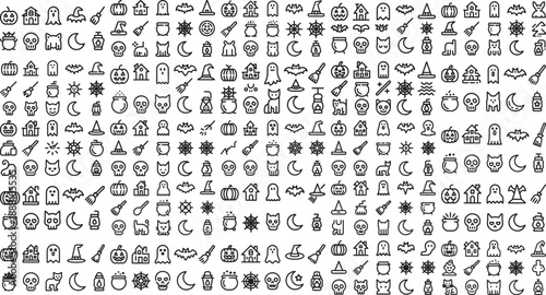halloween icons set including ghost skull bat pumpkin witch broom moon spider web house cauldron