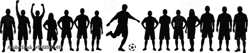 Soccer team silhouette collection showing football players standing and kicking ball, isolated scene representing teamwork, competition, sport spirit