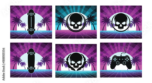Retro video game graphics with skateboards skulls and game controllers on palm tree backgrounds