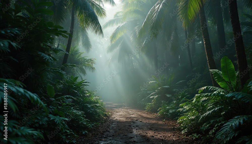 Fototapeta premium Sun rays pierce jungle mist on a lush green forest path lined with palm trees and dense vegetation. Dirt road leads through tropical rainforest with rich plants and foliage, nature mystery unfolds.