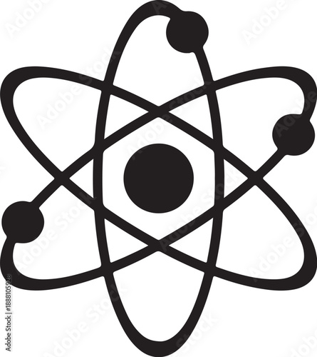 Black and white atom symbol with orbiting electrons