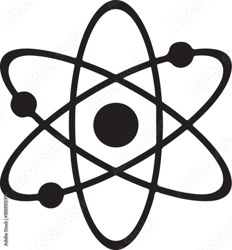Black and white atom symbol with orbiting electrons