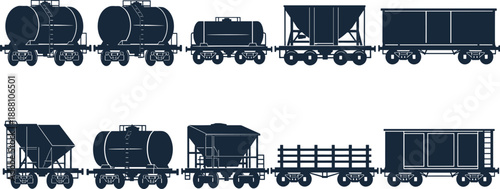 Freight train wagon silhouettes set showing tanker hopper flatbed and boxcars isolated on white background, railway transport vector illustration