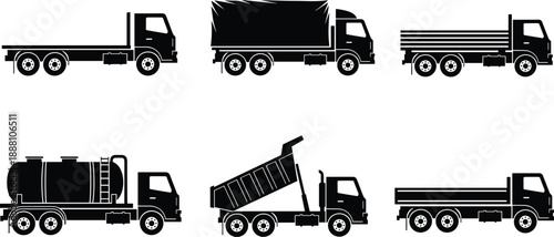 Truck silhouettes collection showing flatbed tanker dump and cargo trucks isolated on white background, commercial transportation vector illustration set