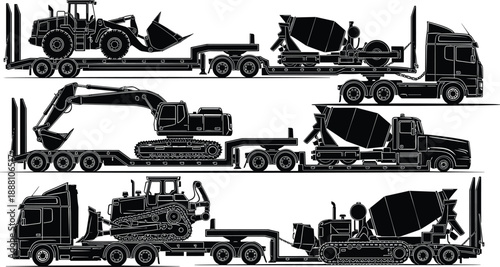 Heavy construction machinery transport trucks with trailers silhouettes set isolated on white background, industrial logistics vector illustration collection design