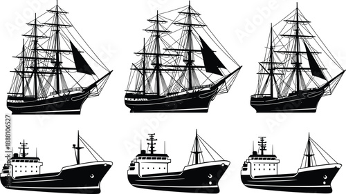 Vintage sailing ships and modern cargo vessels silhouettes set, maritime transportation evolution illustration isolated on white background vector design