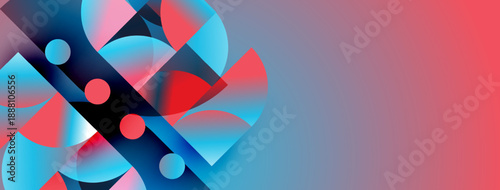Abstract shapes overlap, creating vibrant color gradients. Red, blue hues dominate composition. Modern design elements present dynamic visual experience.