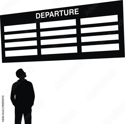 Silhouette of a traveler looking up intently at the large black departure information display board 