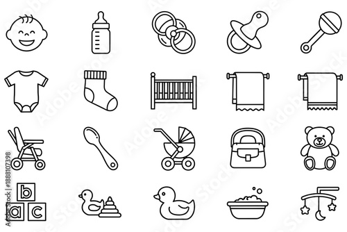 This image features a collection of essential baby items, including a clock, baby bottle, rattle, bib, socks, crib, teddy bear, baby clothes, hairbrush, baby stroller, toy, house, duck, spoon, and a b