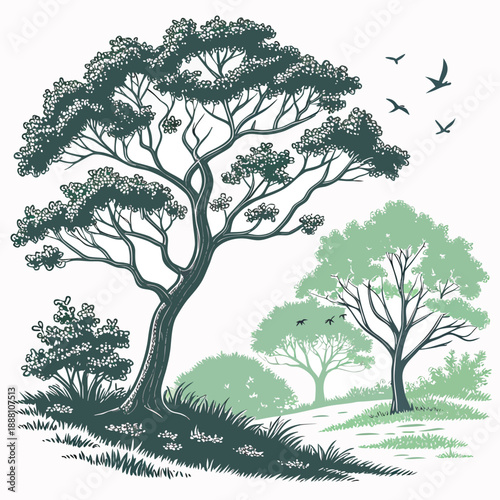 Detailed engraving style illustration of a large pine tree with smaller trees and birds in a natural landscape