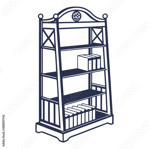 Antique wooden bookshelf with books and boxes in outline style