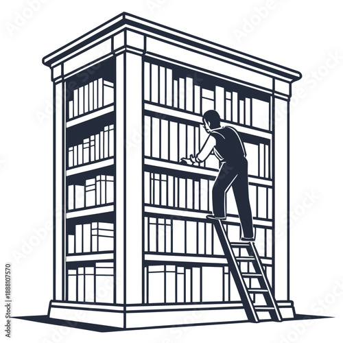 Man on ladder reaching for book on tall library bookshelf