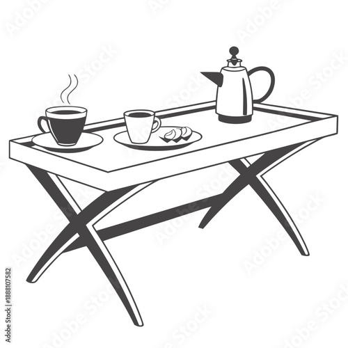Breakfast tray with coffee cups and a small pitcher, black and white line art