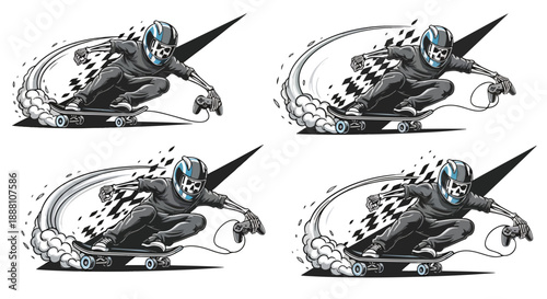 skeleton riding skateboard with video game controller smoking tires four different poses