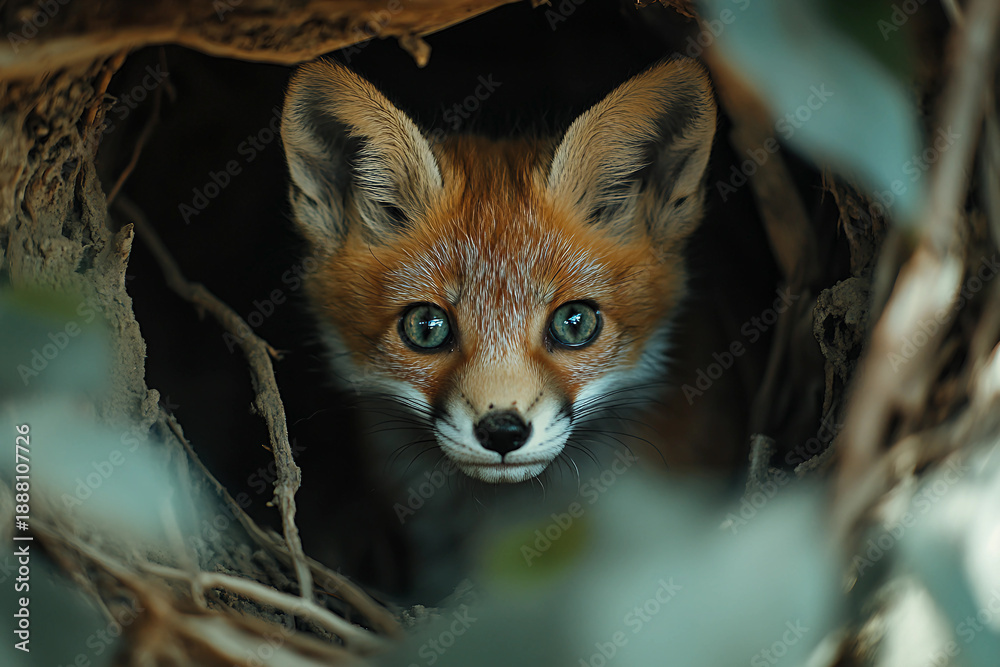 Fototapeta premium Generative AI image of a curious young red fox emerging from its burrow after hibernation in early spring light