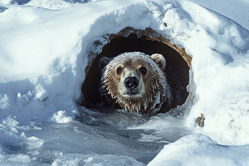 Generative AI image of a brown bear emerging from its snow covered den after winter hibernation in a frozen landscape