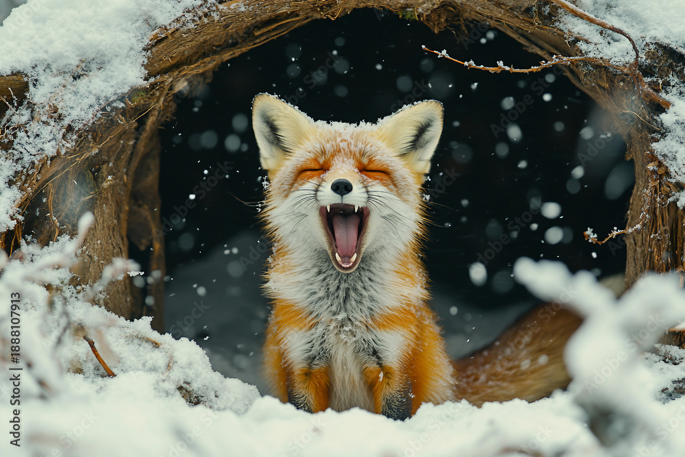 Fototapeta premium Generative AI image of a yawning red fox emerging from a snowy den in early spring after winter hibernation