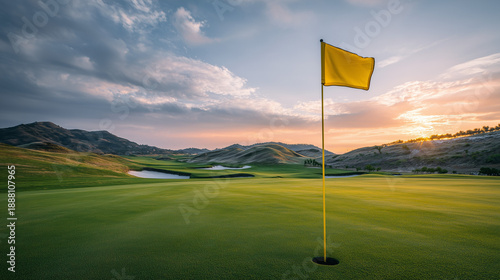 Scenic landscape of a professional golf course at sunset with a yellow flag in the foreground and rolling green hills in the distance.