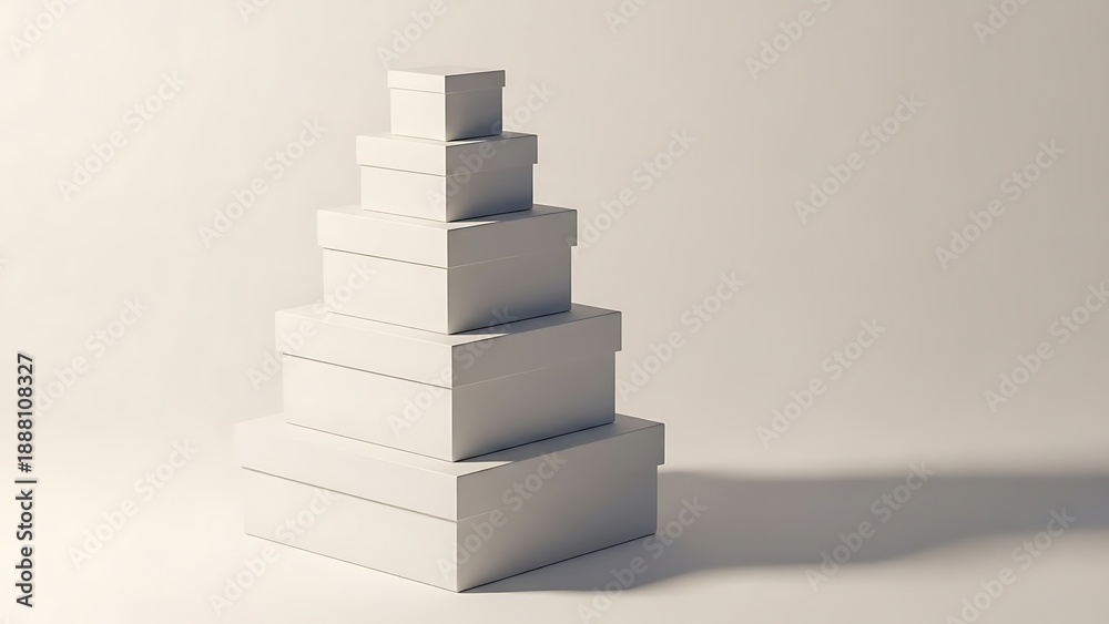 Fototapeta premium Stack of white shoe boxes in pyramid shape on beige background stacked boxes shadows