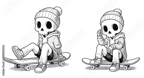skull cartoon character sitting on skateboards wearing hoodies and beanies