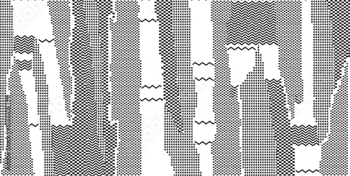 Monochrome texture composed of irregular graphic elements. Distressed uneven grunge background. Abstract vector illustration. Overlay for interesting effect and depth. Isolated on white background.