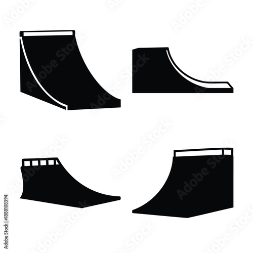Skate park ramp collection: iconic black silhouettes of various quarter pipes and obstacles